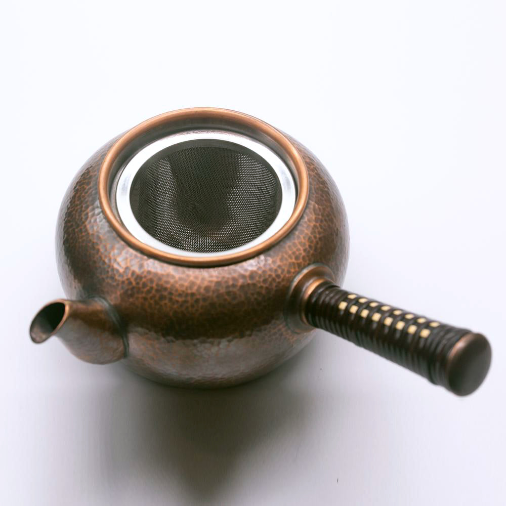 銅急須丸形(中)彩目 白四角柄